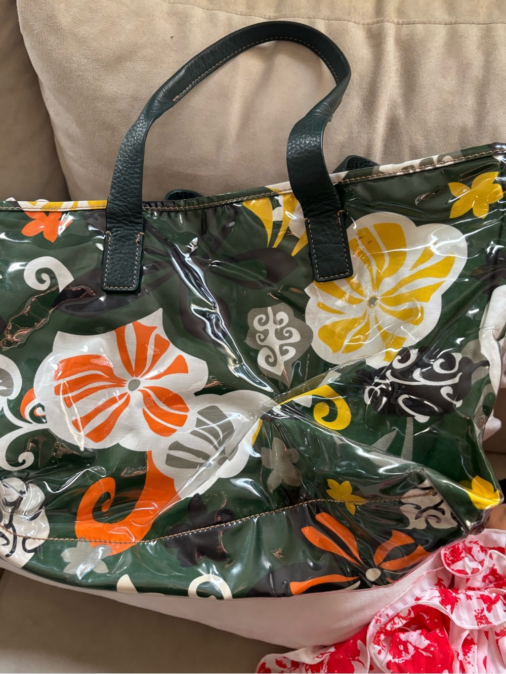 J. Crew Green Floral Vinyl Tote with Orange & Yellow Blooms